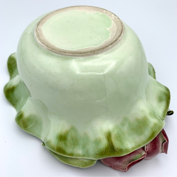 Vintage Majolica Pottery Bowl 8” Green Leaves Pink Capodimonte Raised Flower - Picture 13 of 16